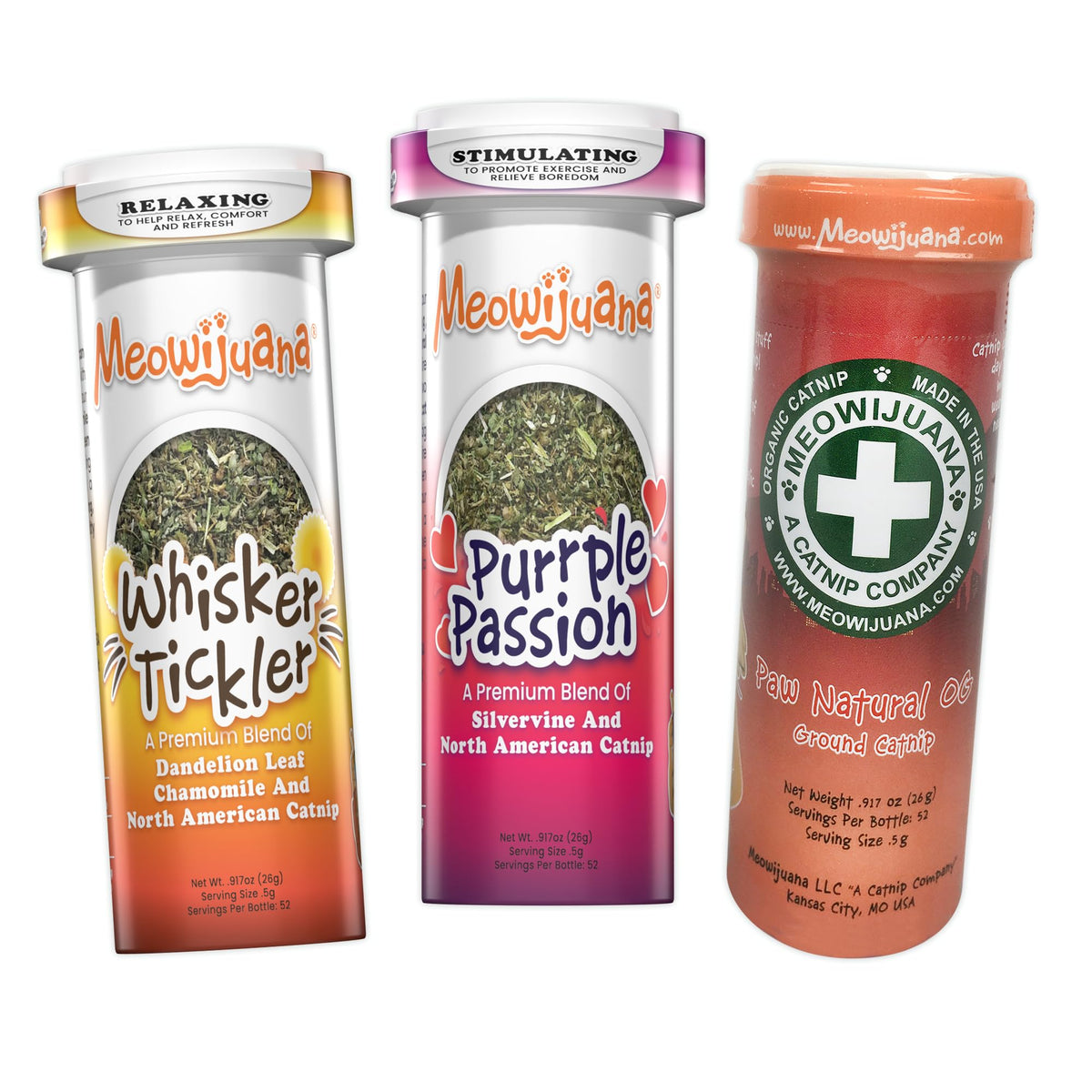 Meowijuana Purrple Passion bottle pours fine-ground catnip for play