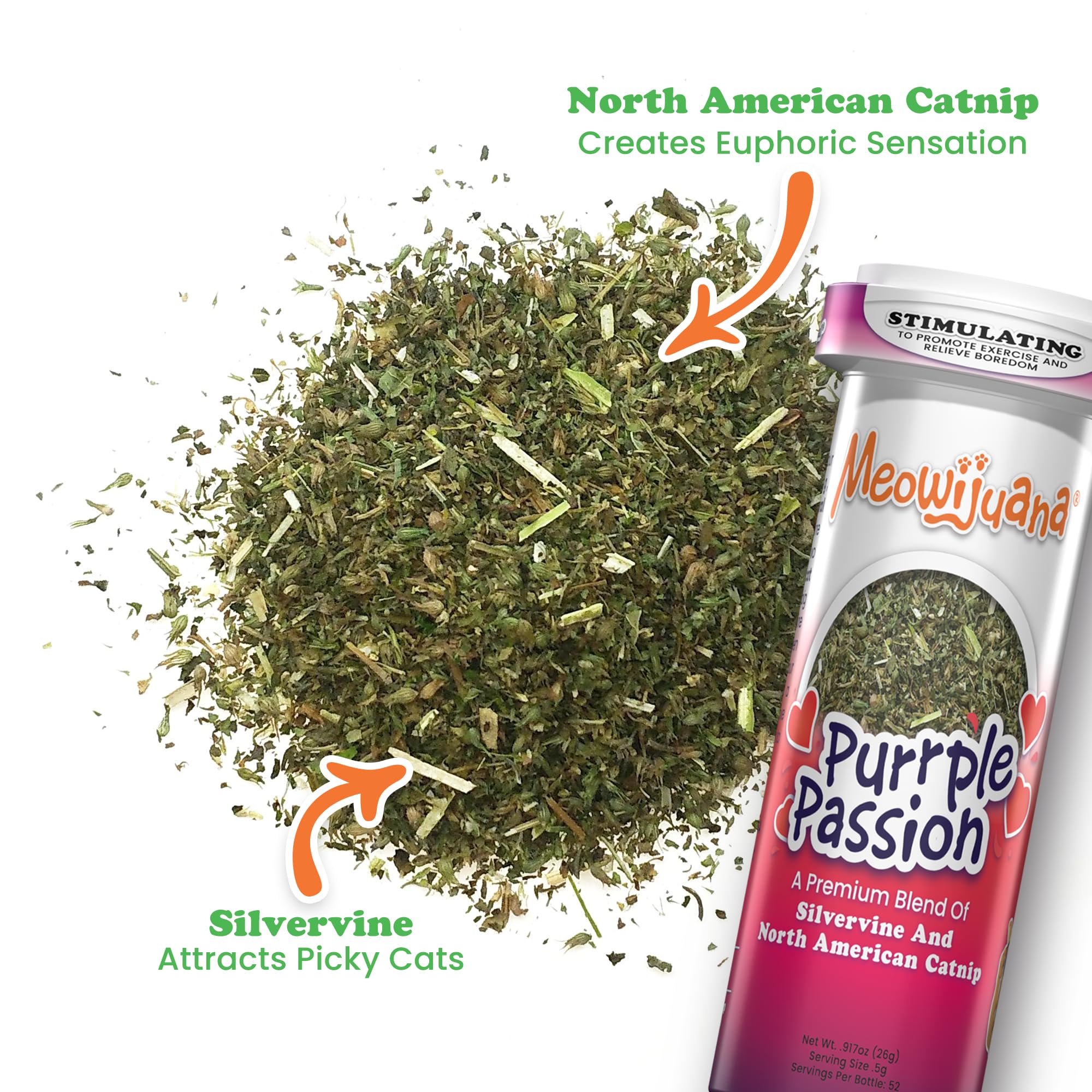 Meowijuana Purrple Passion uses organic North American catnip for enrichment