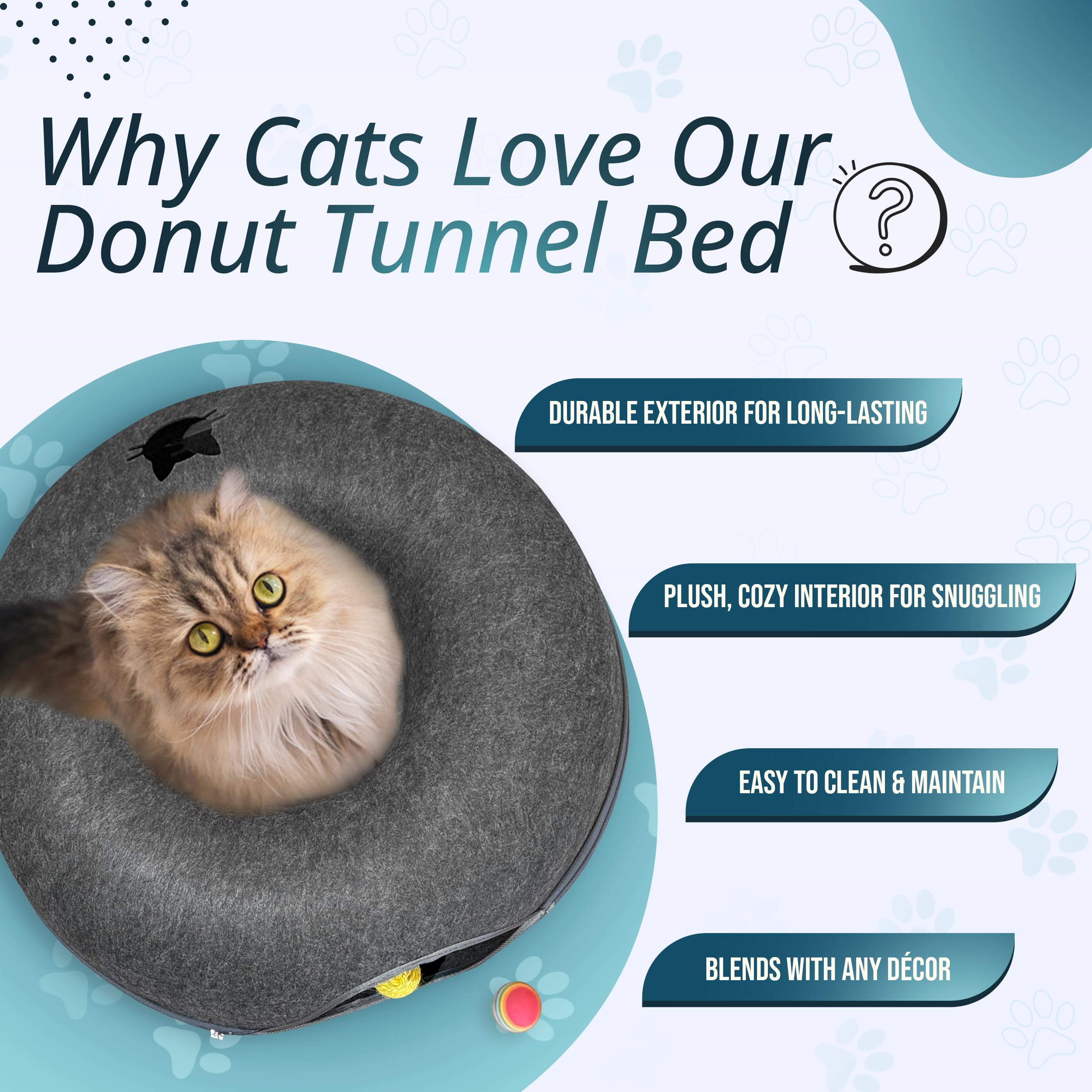 Meow Mates Peekaboo tunnel with hanging ball toy enhances interactive play.