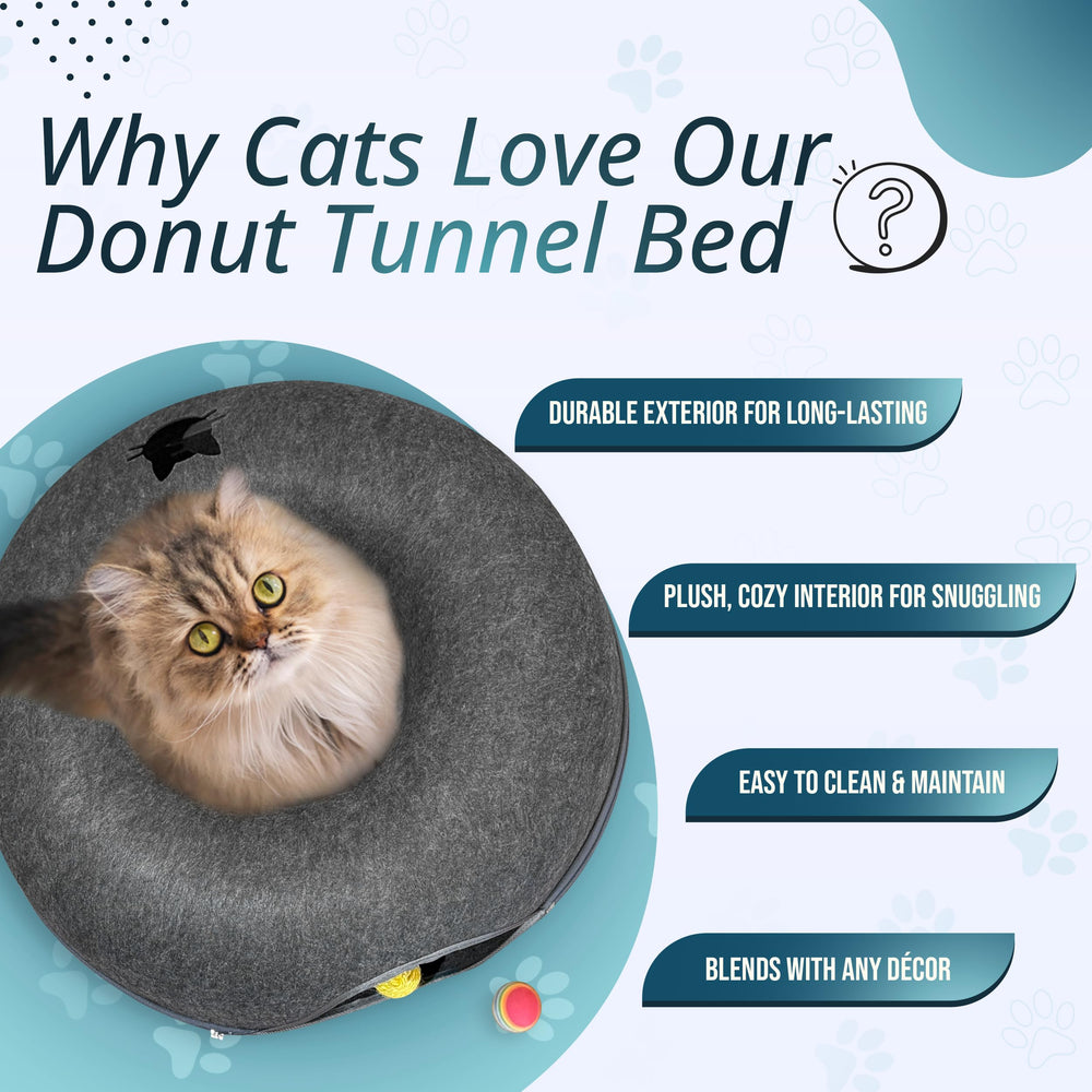 Meow Mates Peekaboo tunnel with hanging ball toy enhances interactive play.