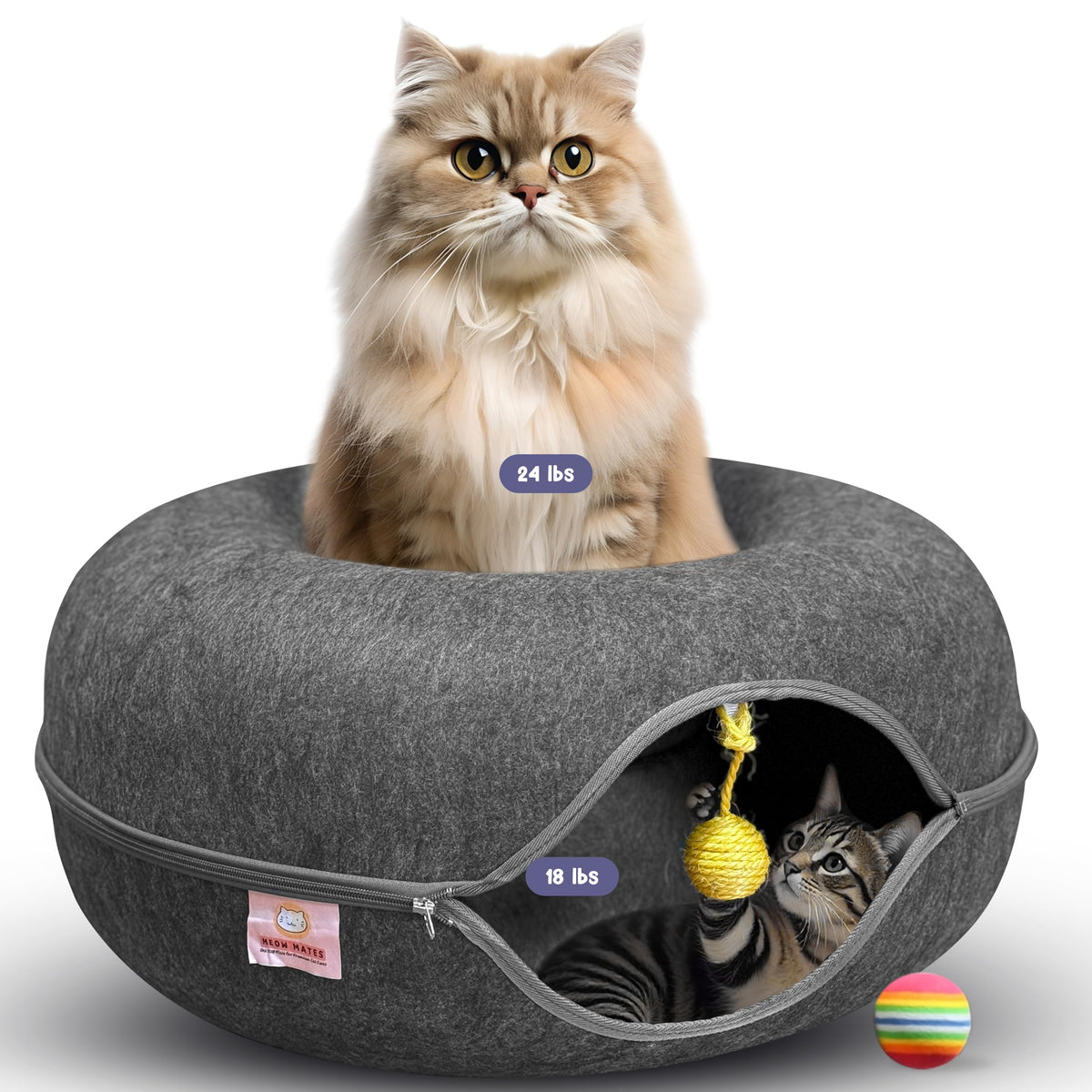Meow Mates Peekaboo cat tunnel bed, round donut shape for secure, cozy naps and play.