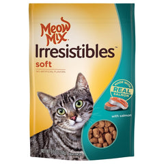 Meow Mix Irresistibles Soft Salmon treats in a resealable pouch for easy, healthy snacking.