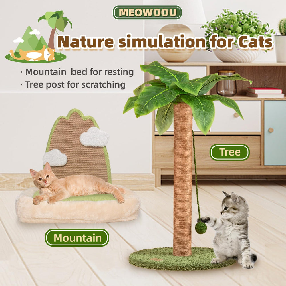 Meowoou hanging ball interaction on cat post encourages playful activity.