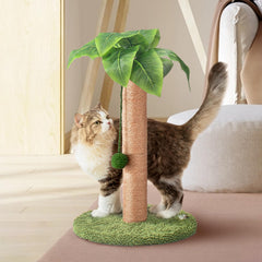 Meowoou cat scratching post with hanging ball in green invites playful stretching.