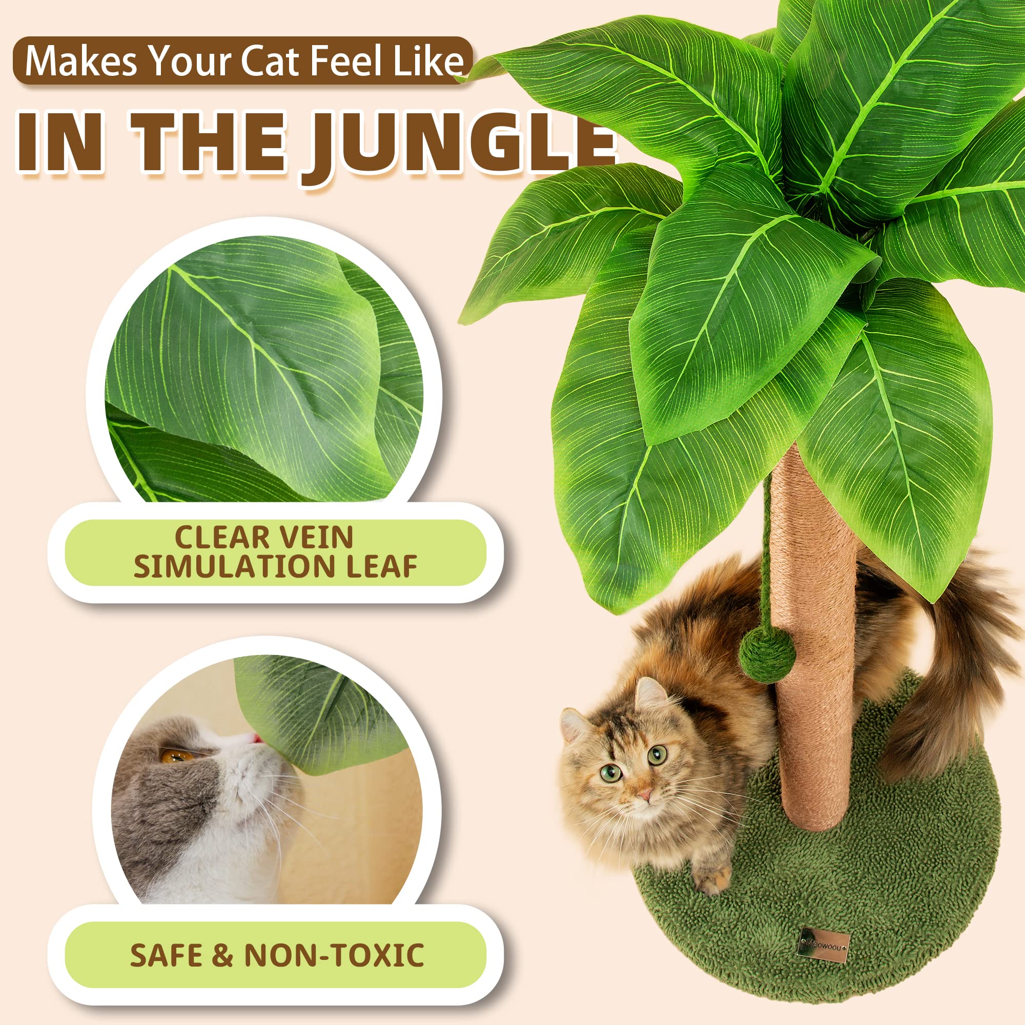 Meowoou scratching post with simulated leaves enhances home decor.