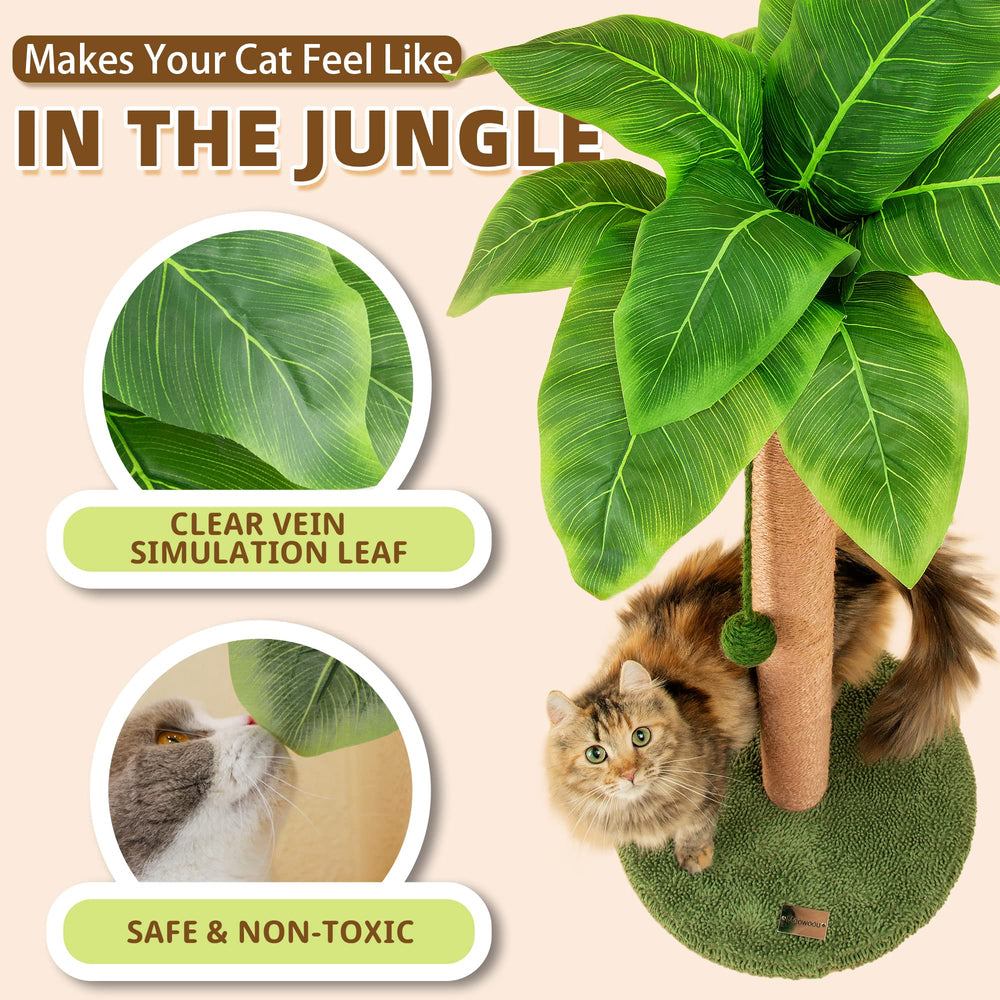 Meowoou scratching post with simulated leaves enhances home decor.