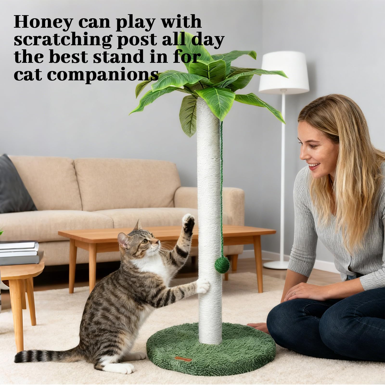 Meowoou palm-leaf aesthetic with sisal and carpet surfaces protects furniture.