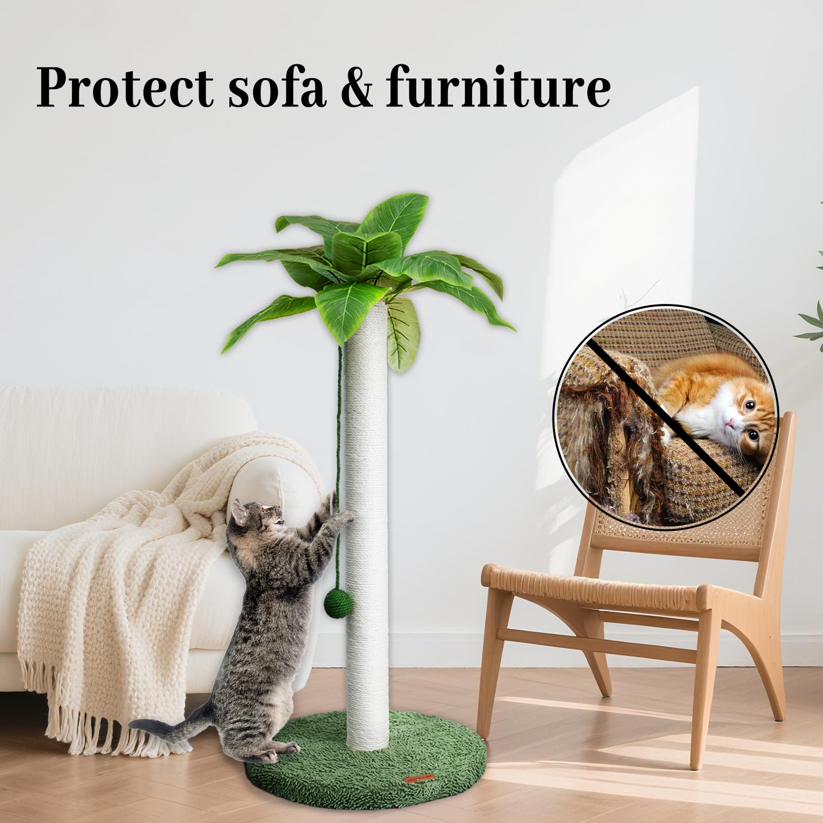 Meowoou cat tower with palm-tree decor and sisal posts for durable scratching.