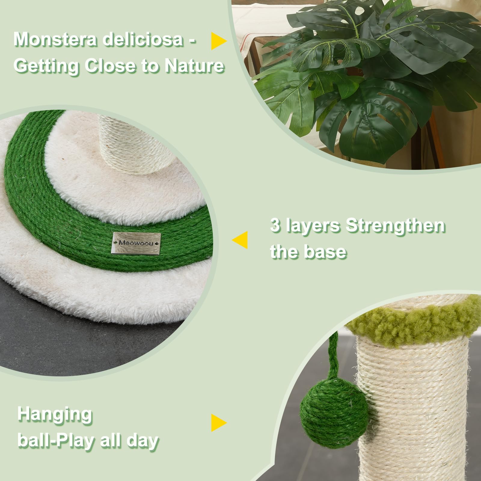 Meowoou cat tree rest platform provides comfy retreat between play sessions.