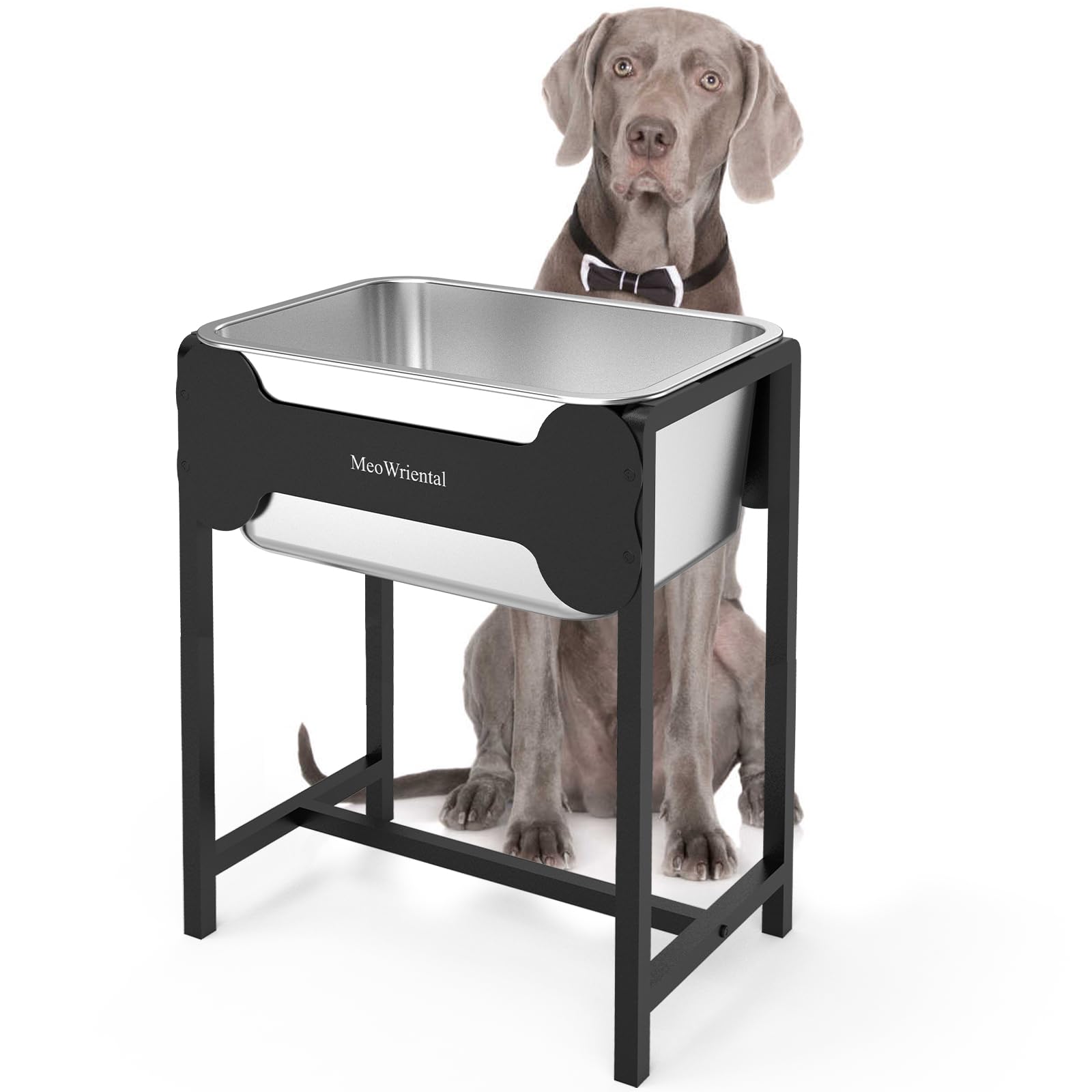 MeoWriental elevated water bowl stand closeup shows durable metal frame for long-lasting use