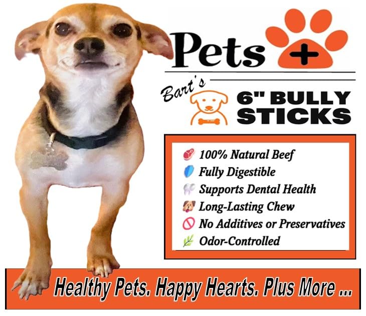 Pets Plus Premium Bart's Bully Sticks 6-inch stick closeup highlights high-protein, grain-free beef.