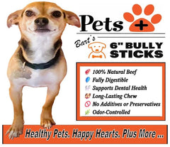 Pets Plus Premium Bart's Bully Sticks 6-inch stick closeup highlights high-protein, grain-free beef.