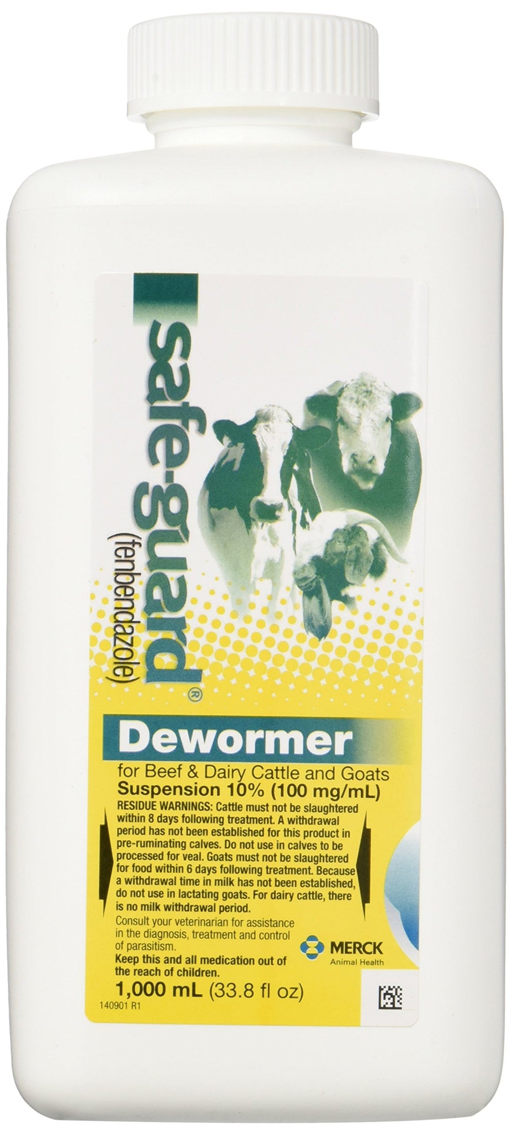 Merck Safe-Guard Suspension bottle for cattle and sheep deworming supports parasite control on the farm.