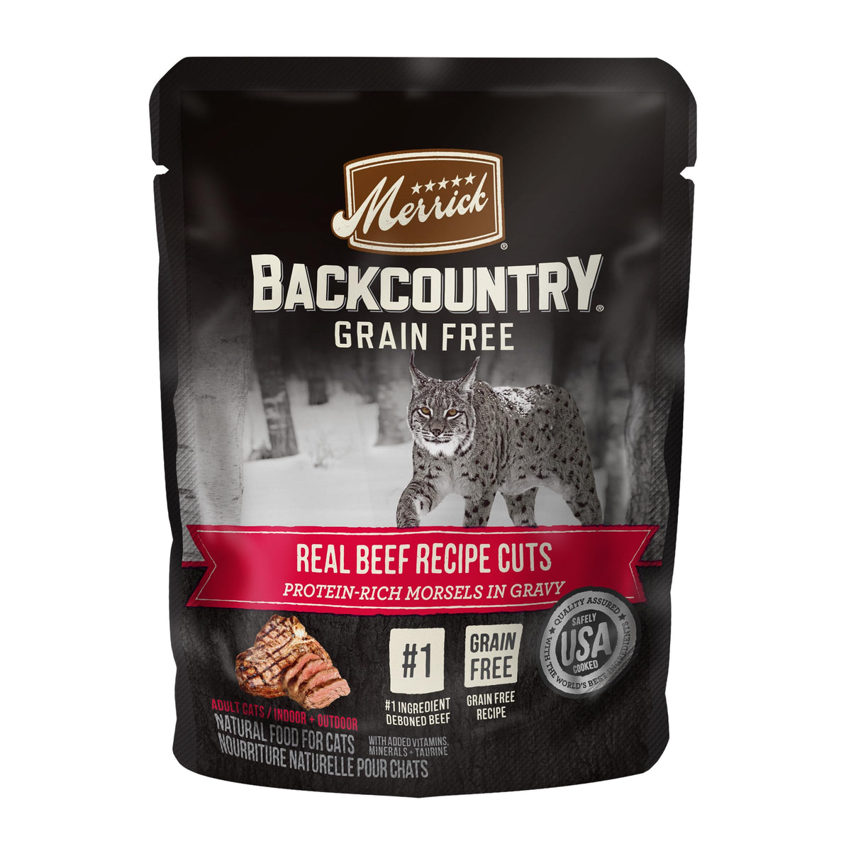 Merrick Backcountry beef recipe cuts morsels in gravy close-up showing protein-rich bites.