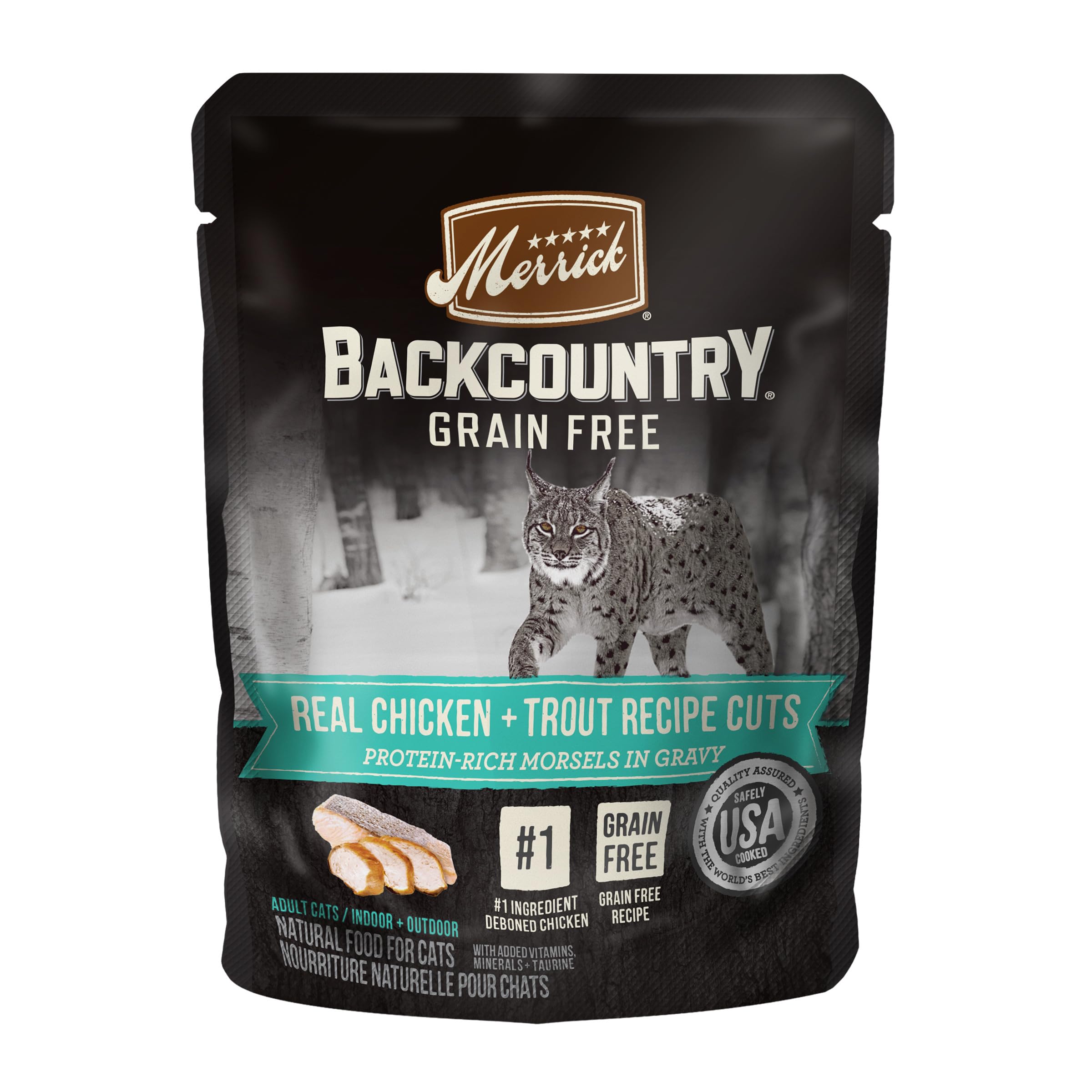 Merrick Backcountry chicken-trout-gravy pouch closeup highlights high-protein wet cat food.