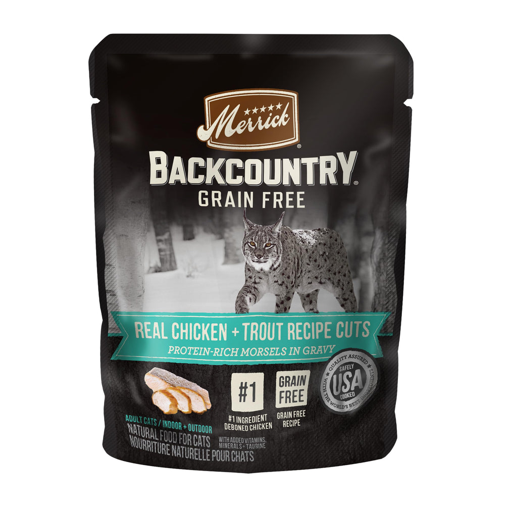 Merrick Backcountry chicken-trout-gravy pouch closeup highlights high-protein wet cat food.