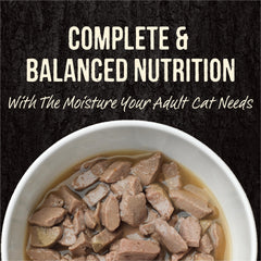 Merrick Backcountry chicken-trout-gravy pouch serving shot emphasizes protein-packed flavor.