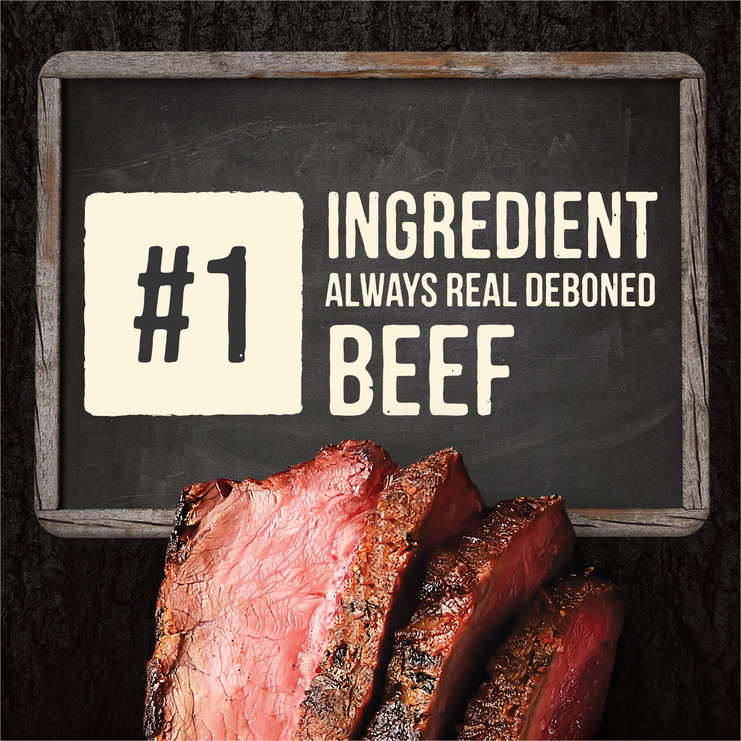Close-up of real deboned beef as the first ingredient in Merrick Backcountry.