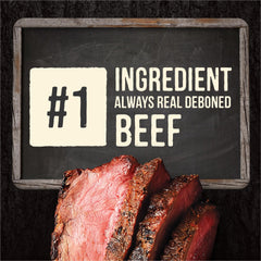 Close-up of real deboned beef as the first ingredient in Merrick Backcountry.