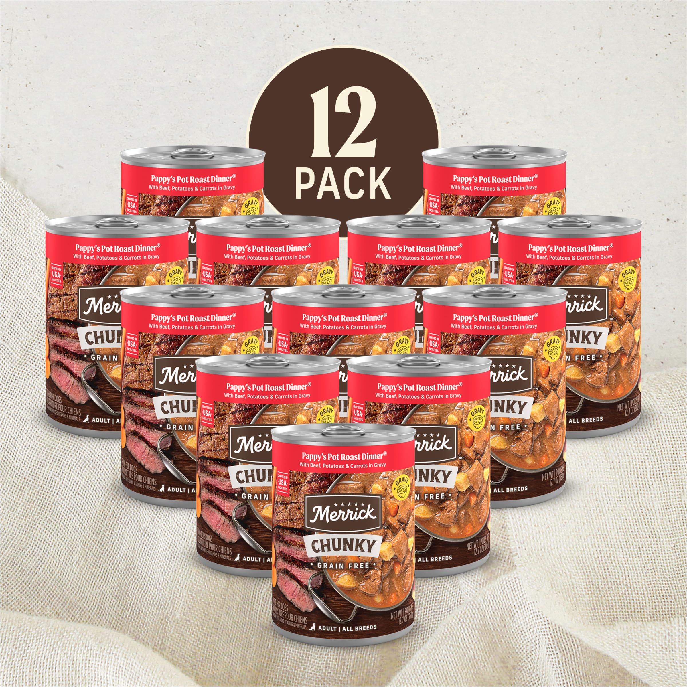 Merrick chunky grain free wet dog food gravy texture emphasizes hearty chunks and moisture