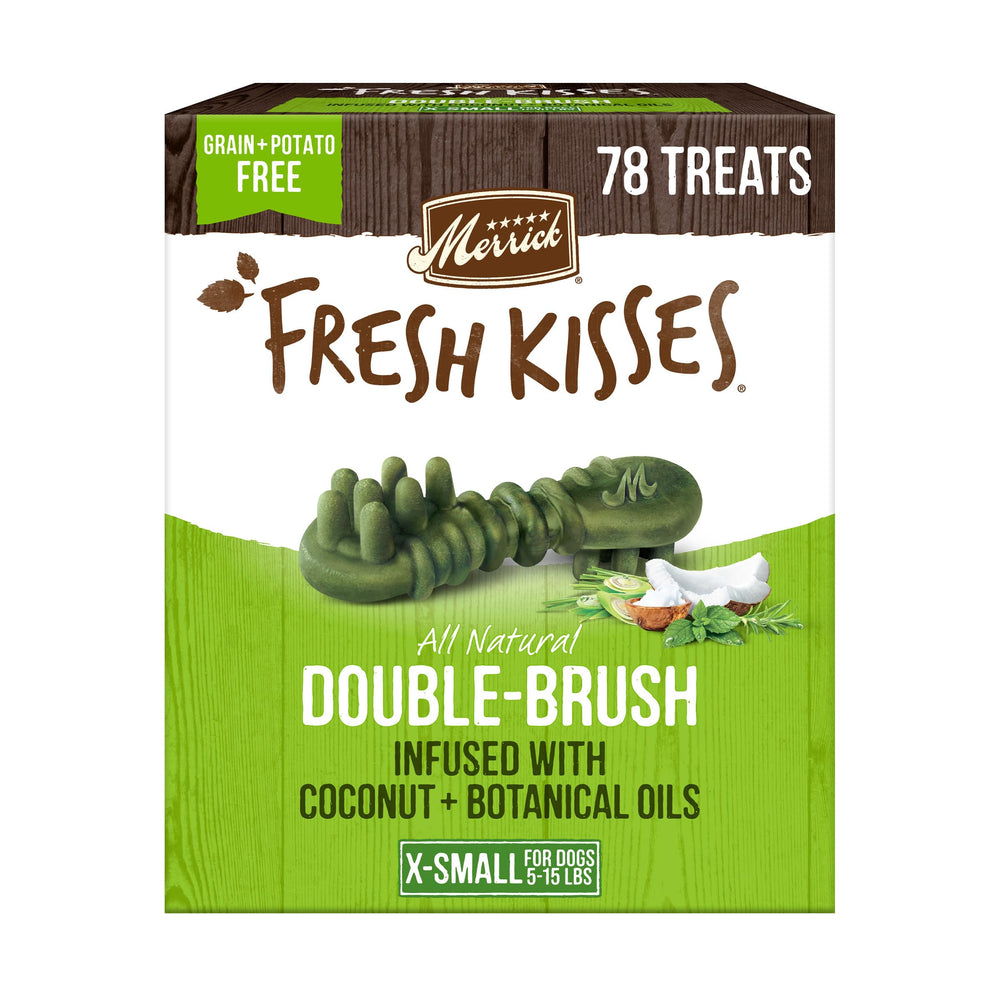 Merrick Fresh Kisses double brush small-dog chews shown for tiny breeds and dental cleaning