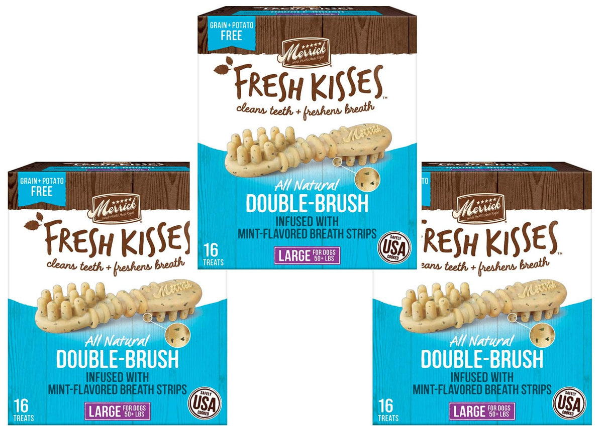 Merrick Fresh Kisses dental treats package with mint breath strips for dogs; supports fresh breath and dental care.