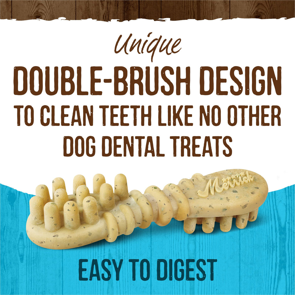 Merrick Fresh Kisses double-brush design aids dental cleaning during chew time.