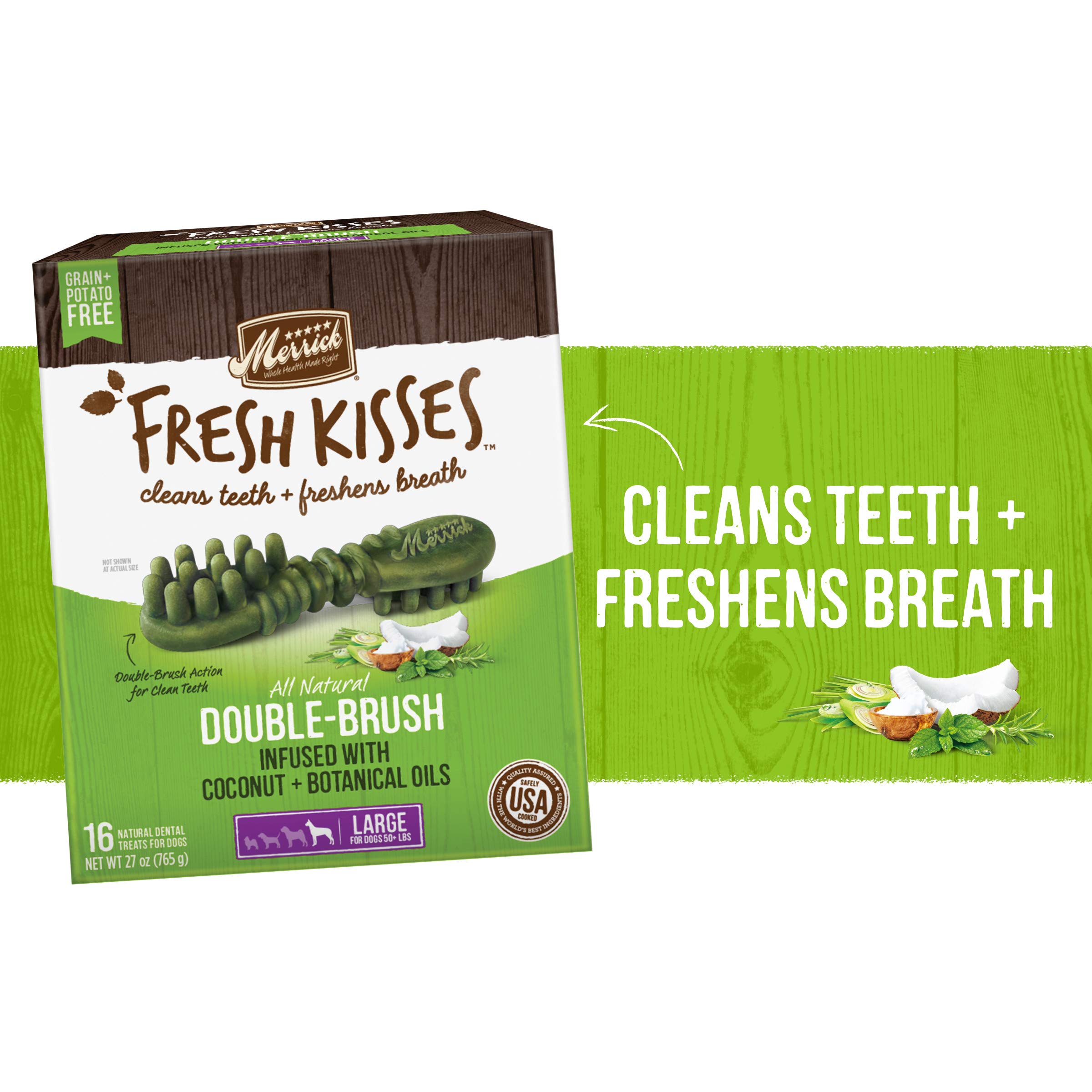 Merrick Fresh Kisses double-brush design cleans teeth during chewing.