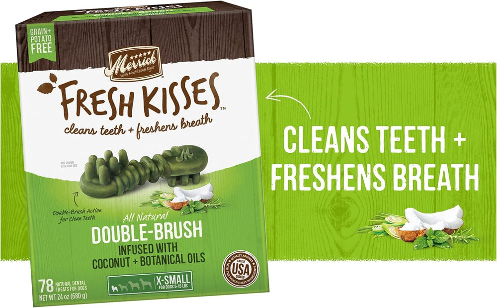 Merrick Fresh Kisses large dog chew action shot demonstrates chew texture