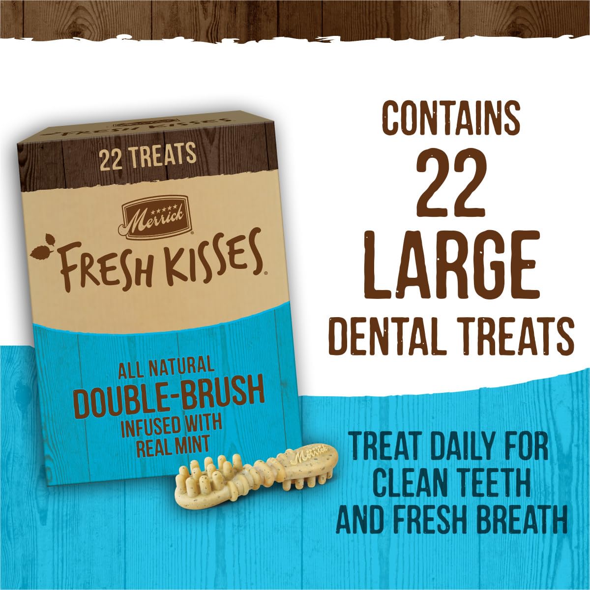 Merrick Fresh Kisses peppermint flakes visible for fresh breath during chew