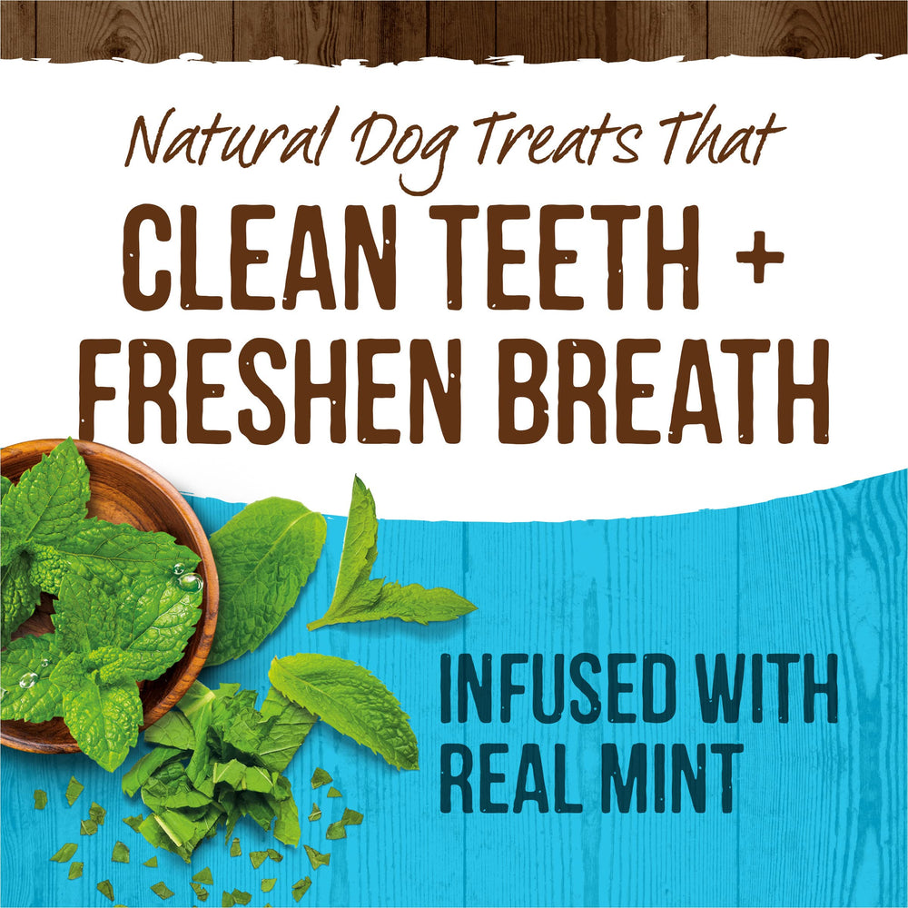 Merrick Fresh Kisses real mint dog treat promotes fresher breath after meals.