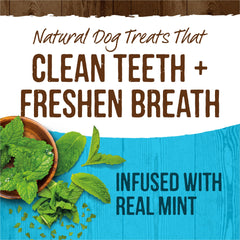 Merrick Fresh Kisses real mint dog treat promotes fresher breath after meals.