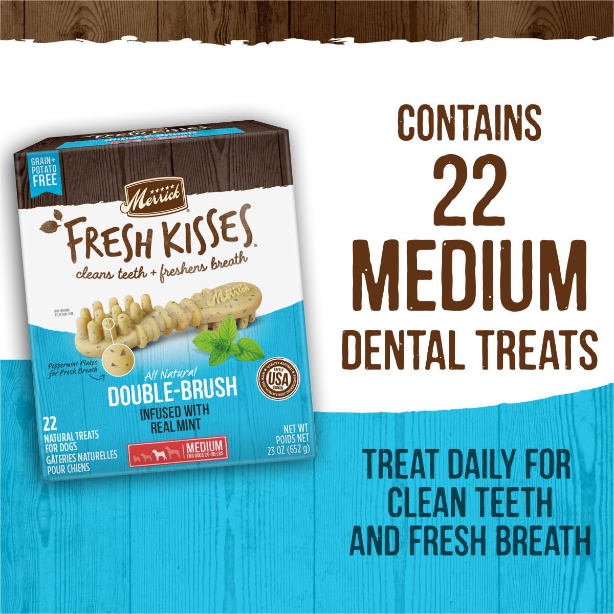 Merrick Fresh Kisses soft yet durable dental chews for medium dogs.
