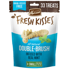 Merrick Fresh Kisses tiny-dog-bag-front image shows a convenient 33-count bag for daily dental care.