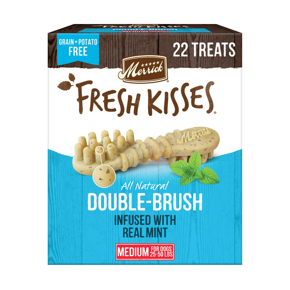 Merrick Fresh Kisses toothbrush-shape dental chews for medium dogs support clean teeth during chewing.