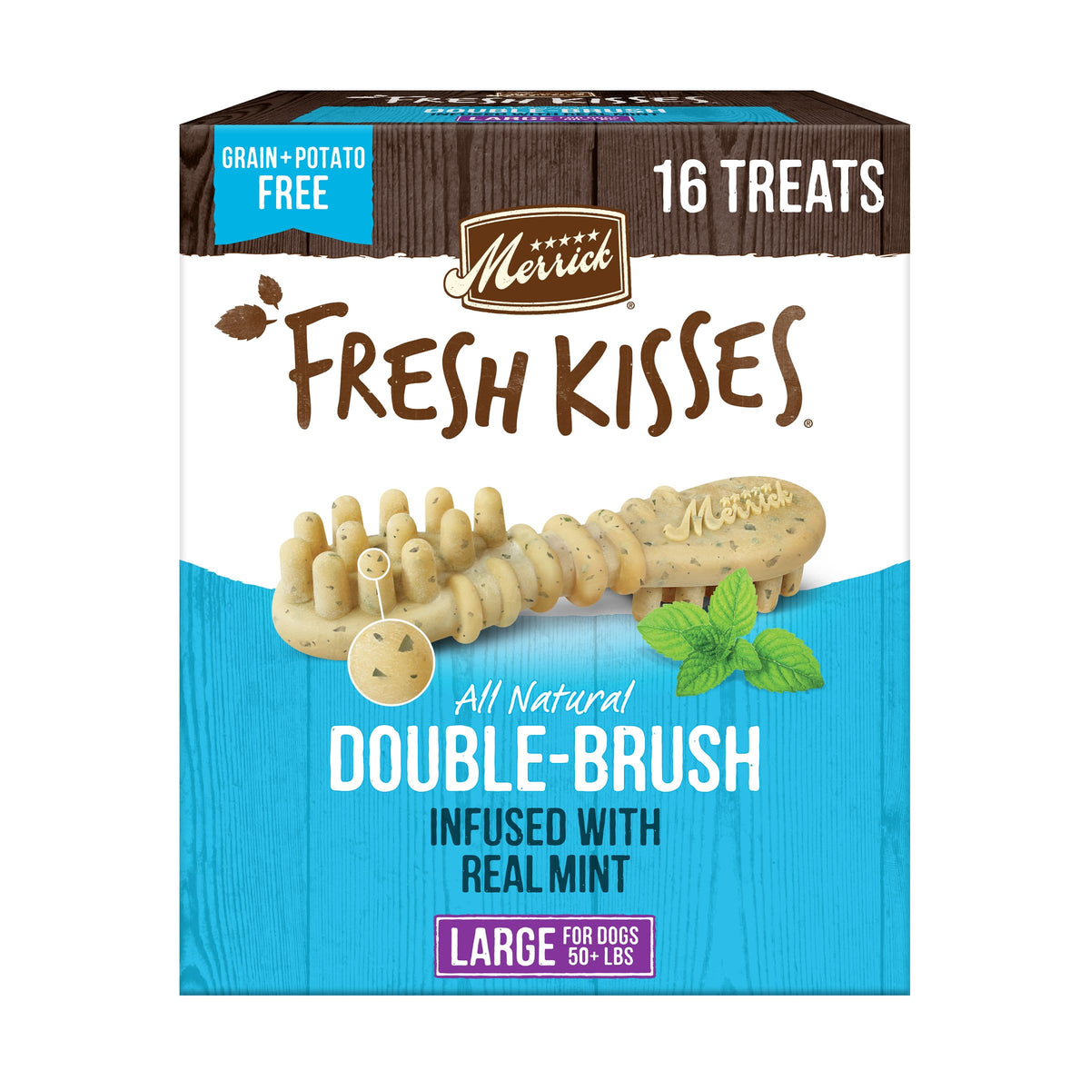 Merrick Fresh Kisses toothbrush-shape-treat shows a double-brush design for thorough cleaning