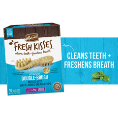 Merrick Fresh Kisses toothbrush-shape-treat demonstrates two-surface chew action for large dogs