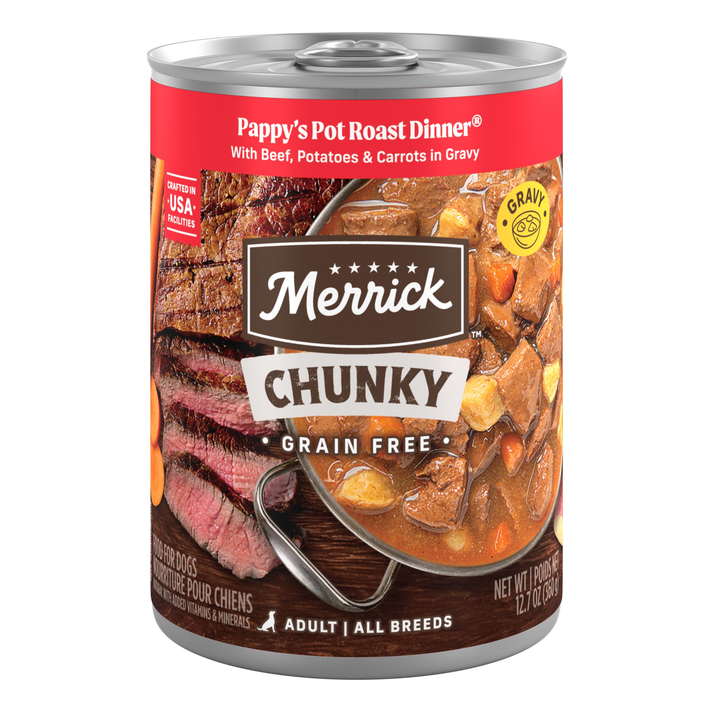Merrick pappy's pot roast dinner in gravy can closeup showing premium canned dog food
