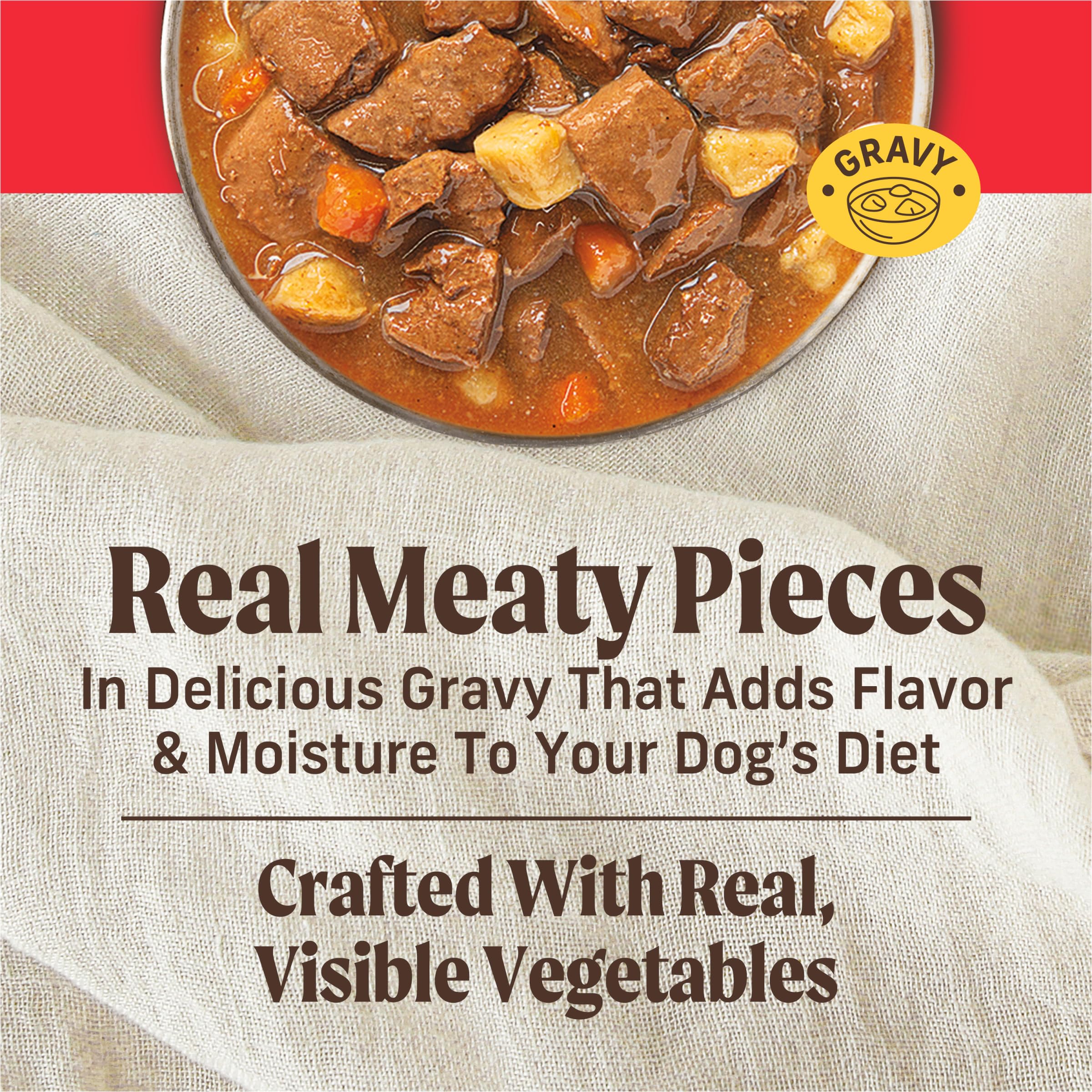 Merrick pappy's pot roast dinner in gravy ingredients shot highlighting real deboned beef