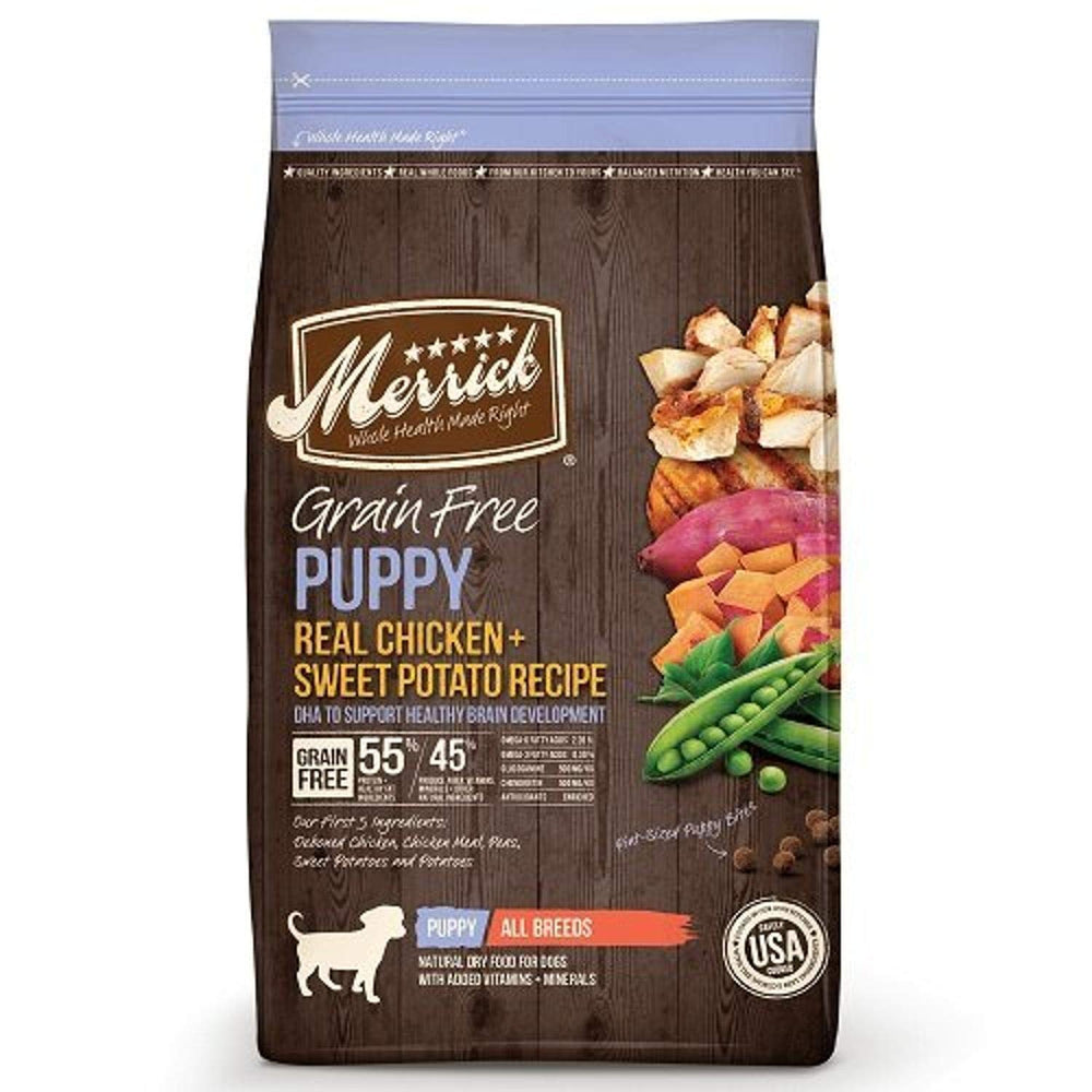 Merrick Puppy Chicken Sweet Potato Dry Food bowl promoting healthy growth and flavor.