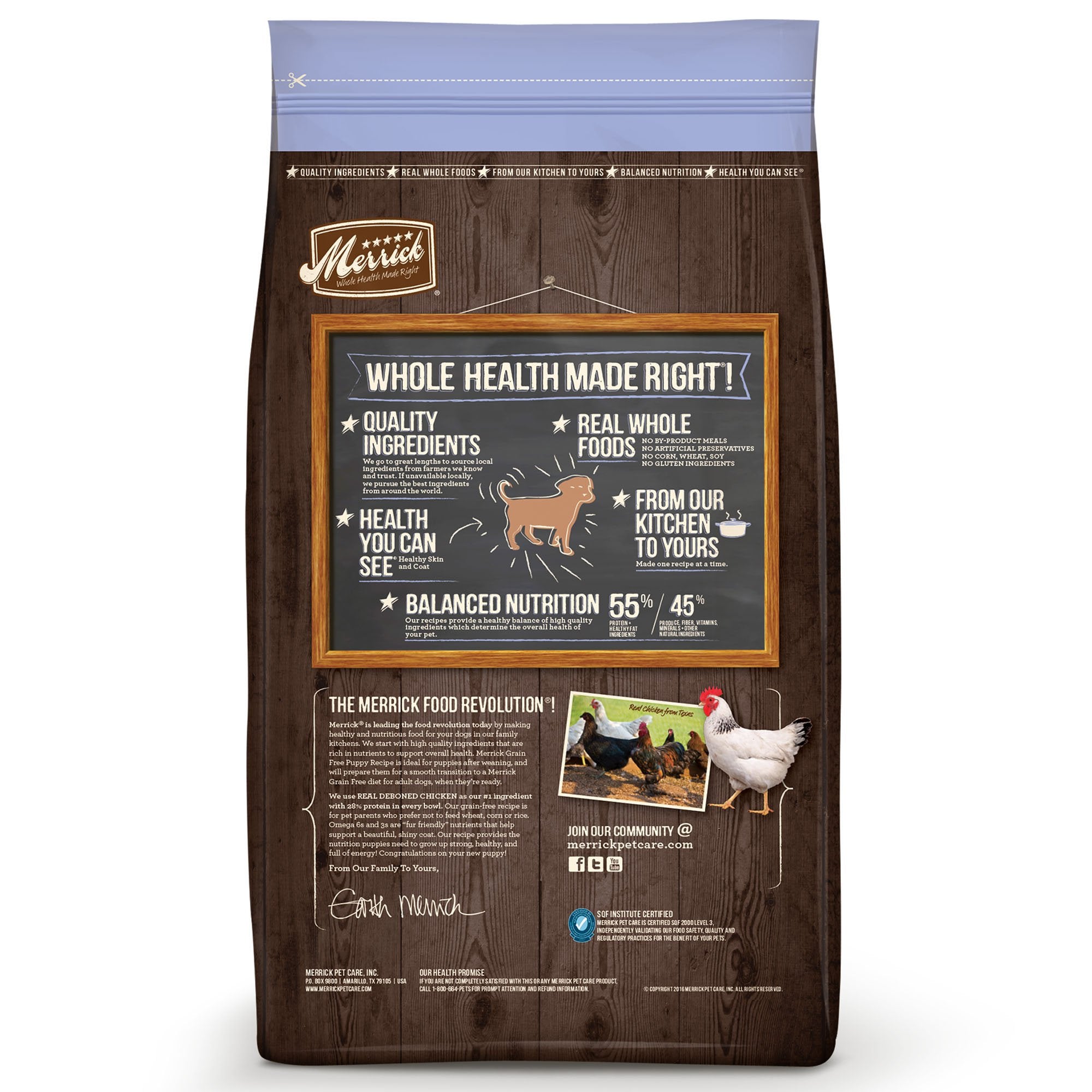 Merrick Puppy Chicken Sweet Potato kibble closeup highlights grain-free formula and texture.