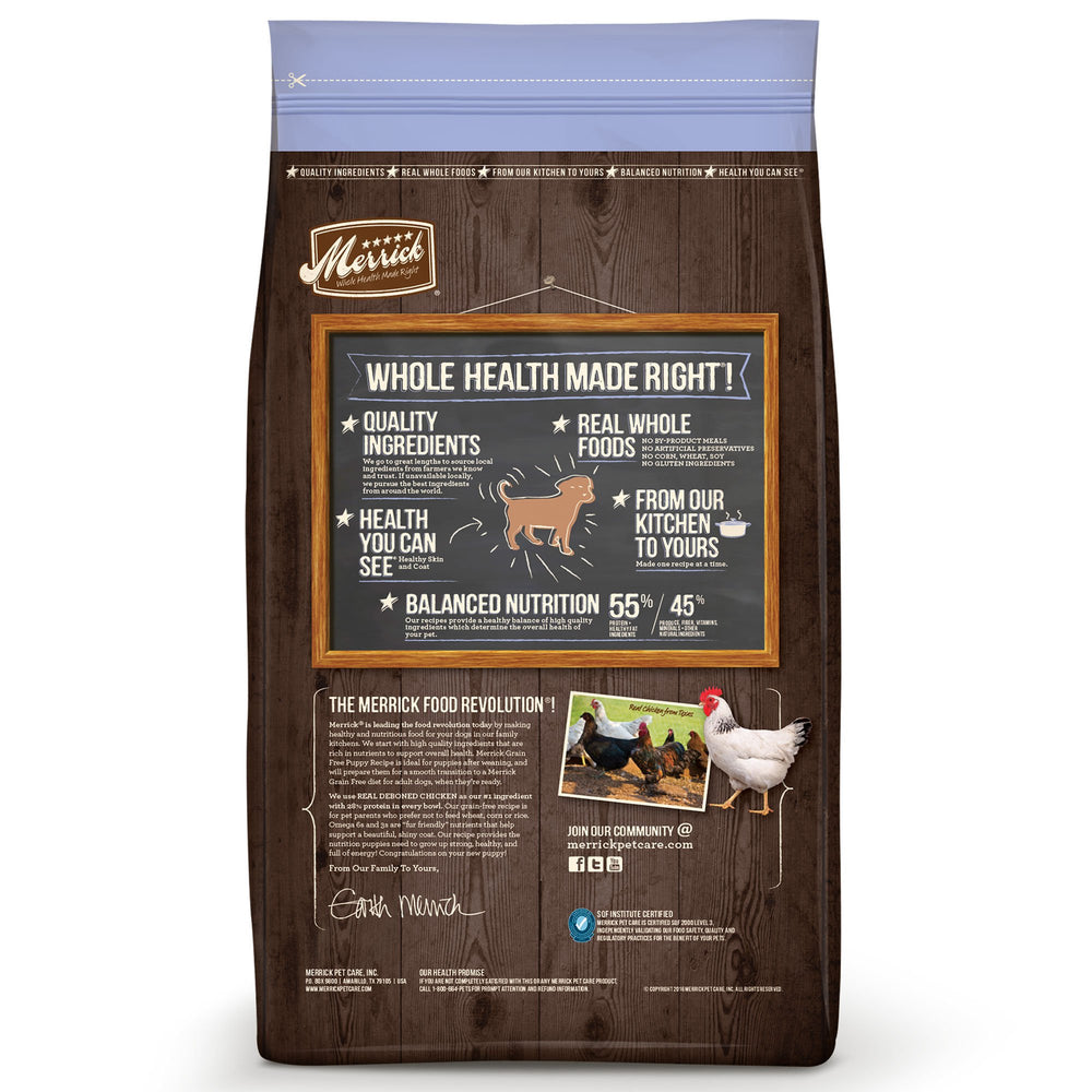 Merrick Puppy Chicken Sweet Potato kibble closeup highlights grain-free formula and texture.