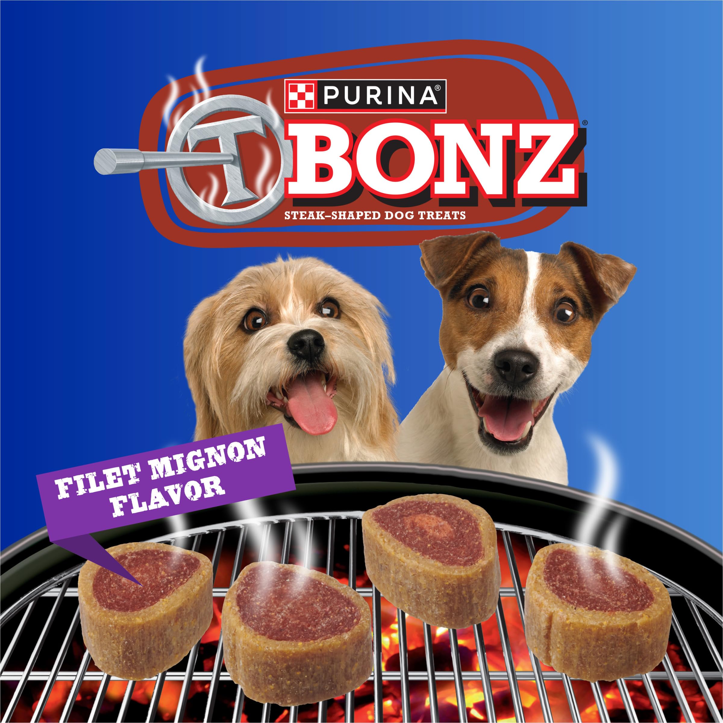 Merrick Purina T-Bonz Filet Mignon dog treats grill-inspired aroma depiction.