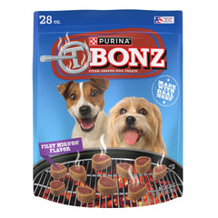 Merrick Purina T-Bonz Filet Mignon dog treats front pack display for rewards.