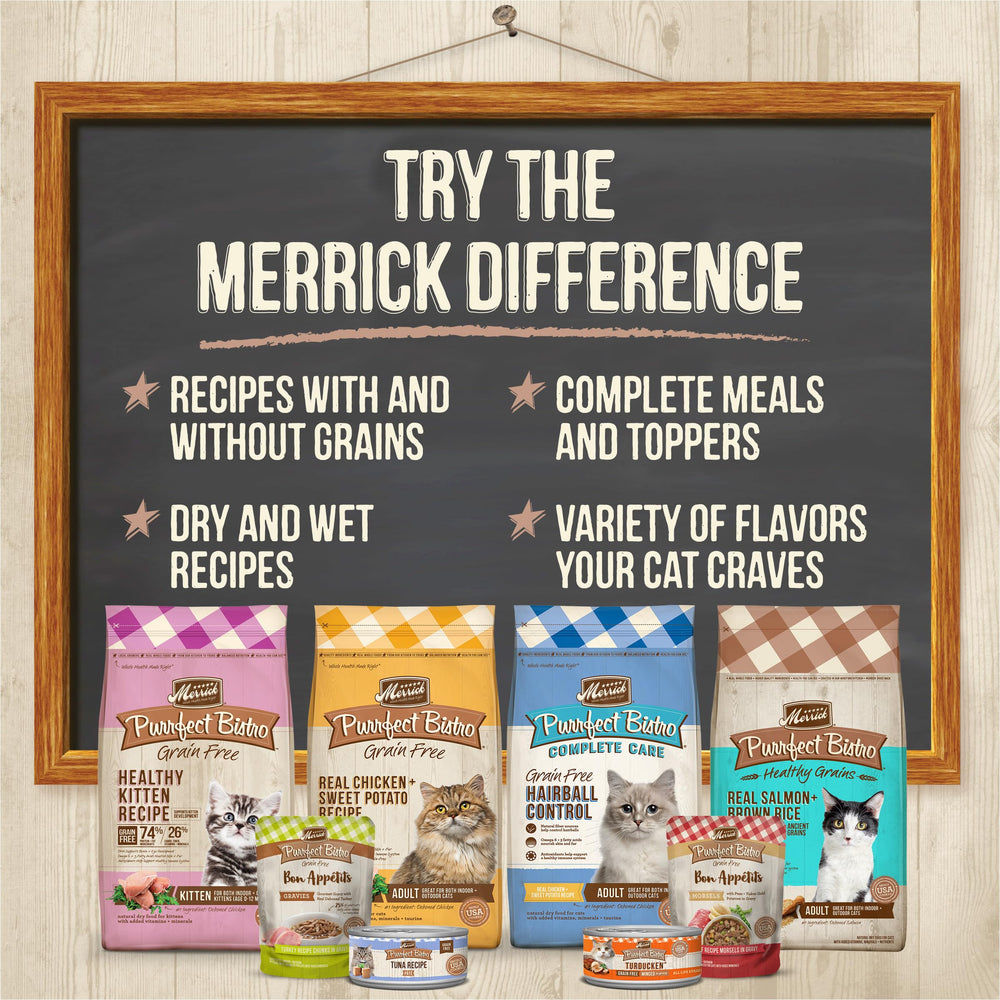 Merrick Purrfect Bistro fat-content visual highlights premium texture and indulgent mouthfeel.