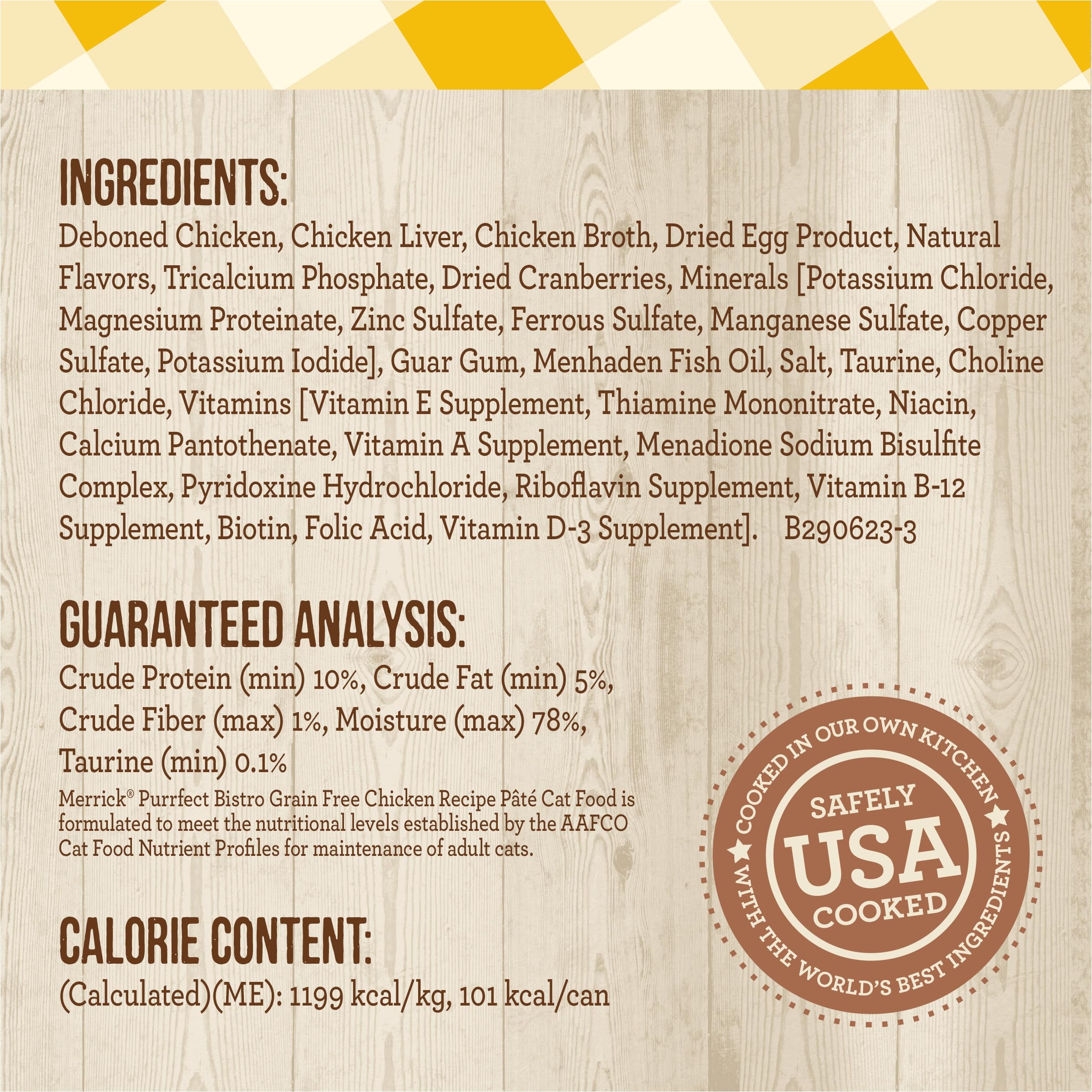 Merrick Purrfect Bistro ingredients close-up emphasizes taurine and vitamins for balanced nutrition.