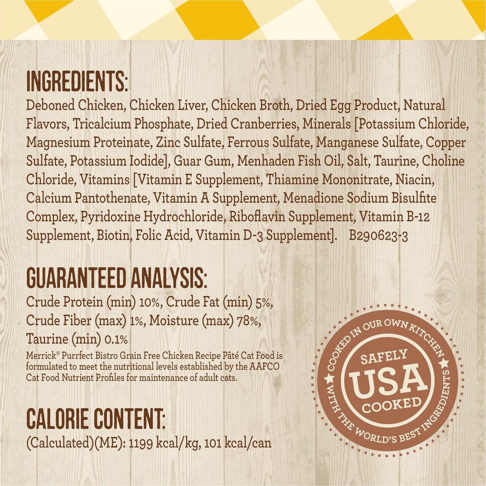 Merrick Purrfect Bistro ingredients close-up emphasizes taurine and vitamins for balanced nutrition.