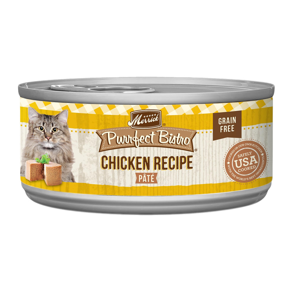 Merrick Purrfect Bistro chicken pate pack shot highlighting high-protein formula for adult cats.