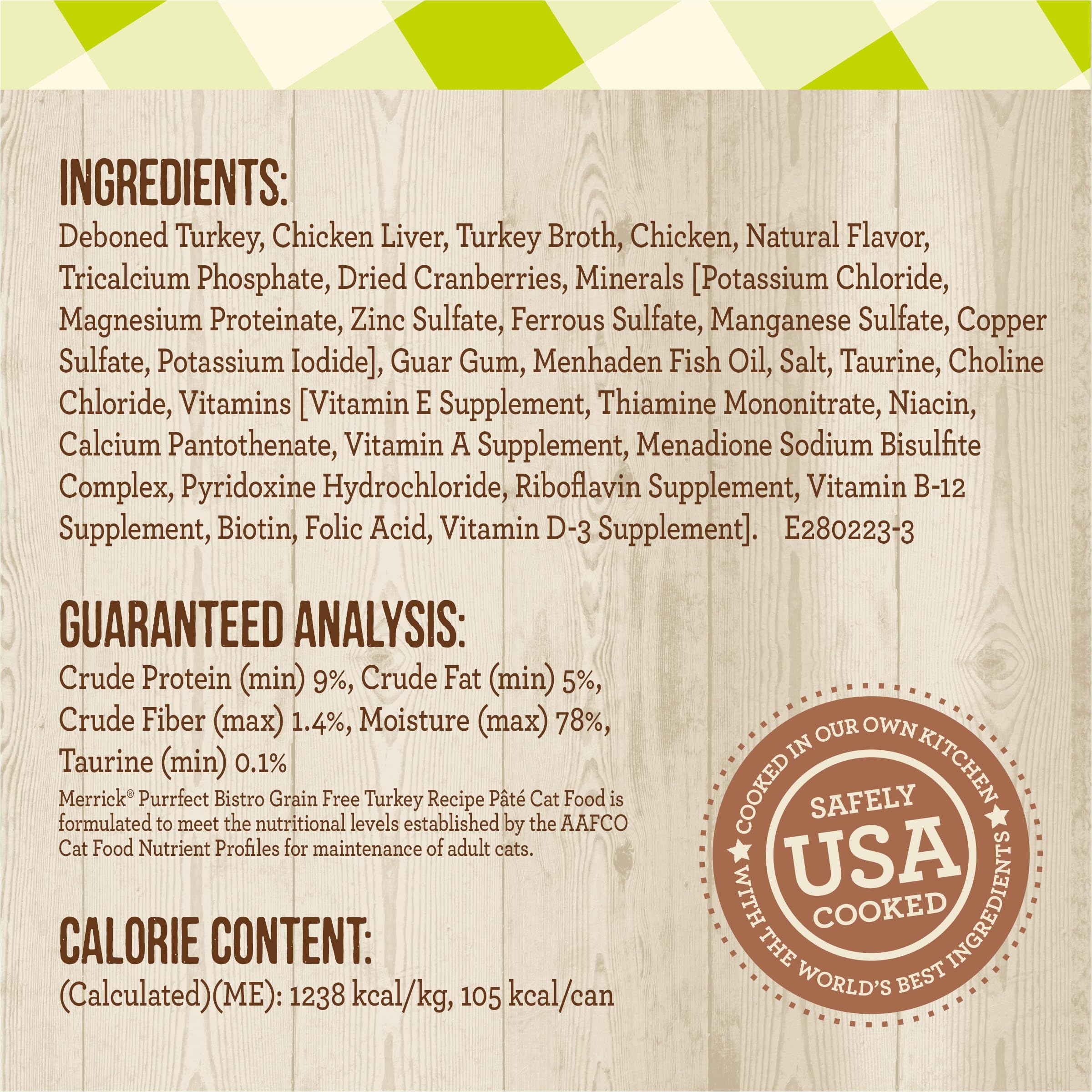 Merrick Purrfect Bistro Turkey Pate nutrition panel with taurine and minerals.