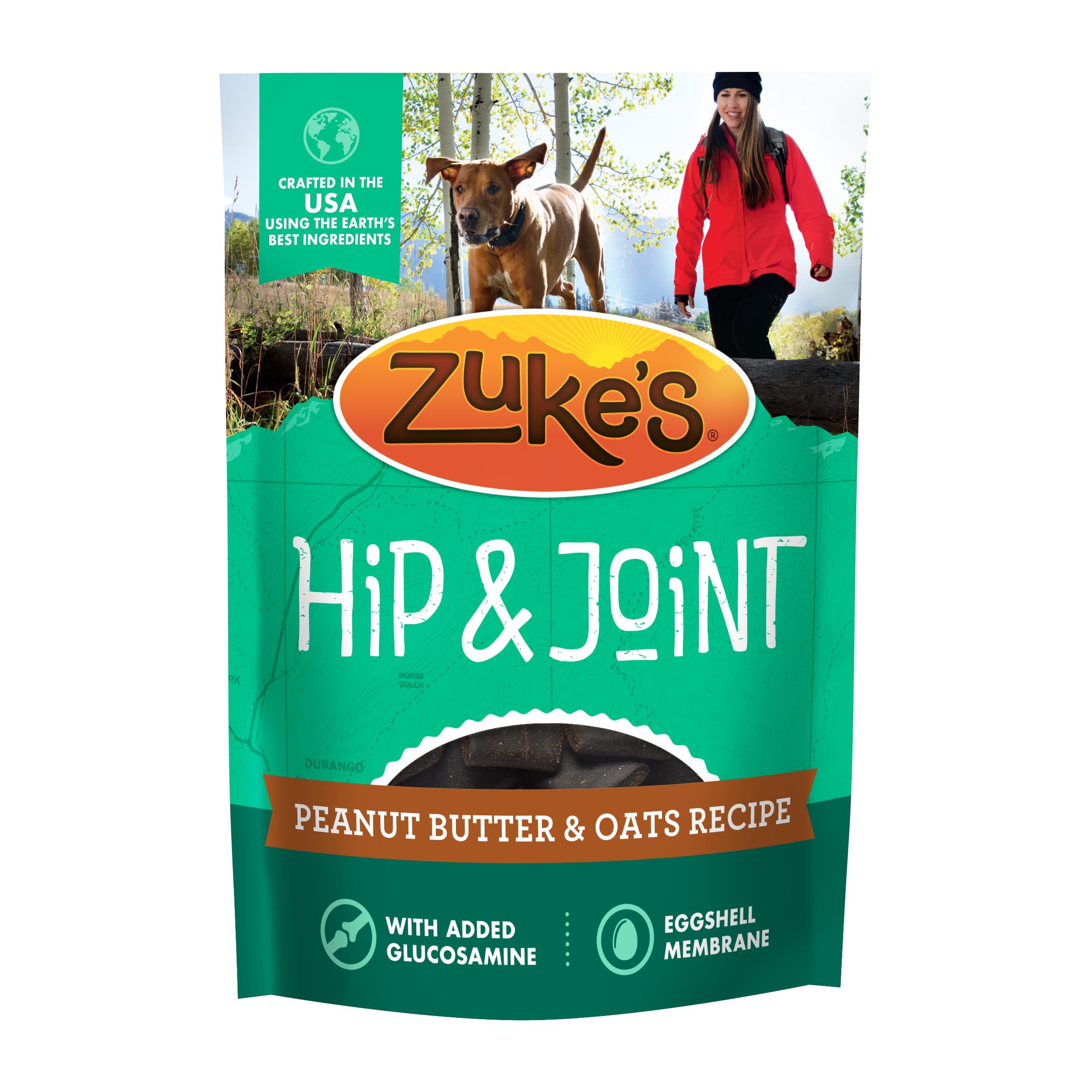 Merrick Zukes Hip and Joint treats bag front promotes joint friendly rewards.